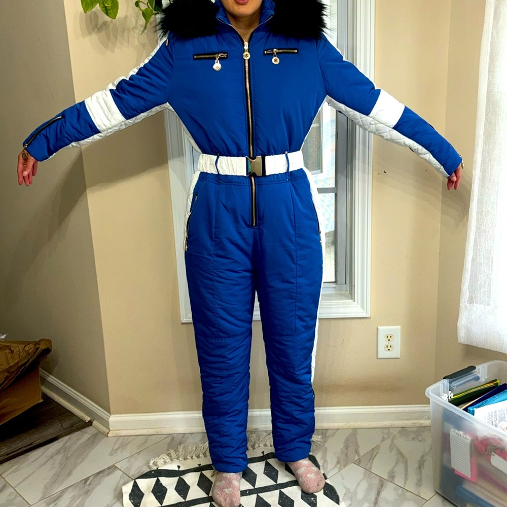 Blue Women's Jumpsuit with Fur Collar